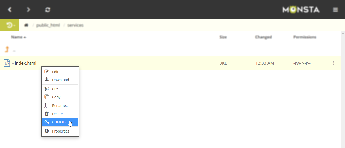 Monsta FTP CHMOD context menu