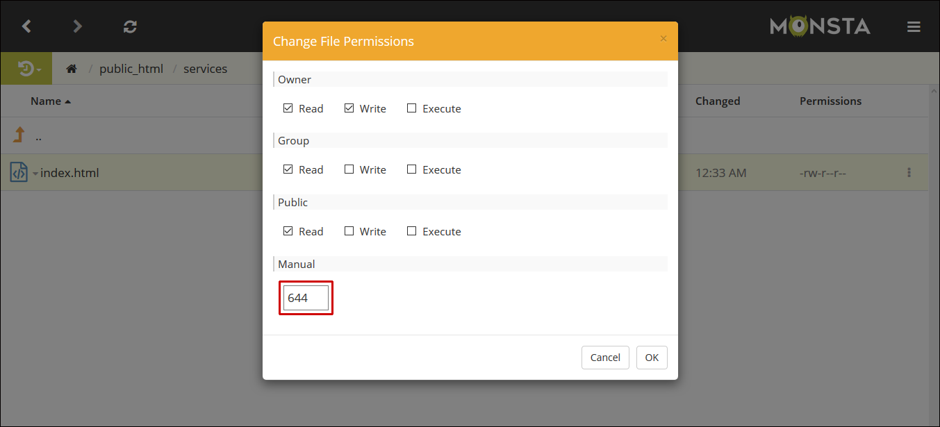 Monsta FTP CHMOD modal