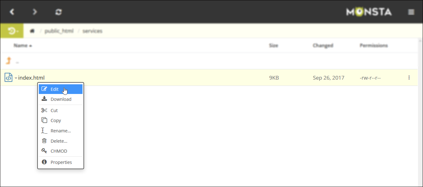 Monsta FTP context menu edit