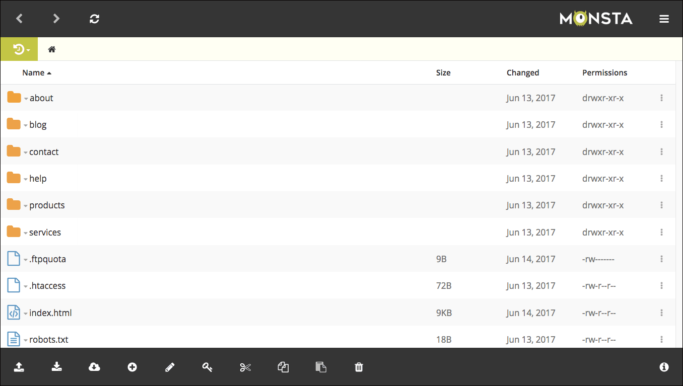 Monsta FTP file listing screenshot