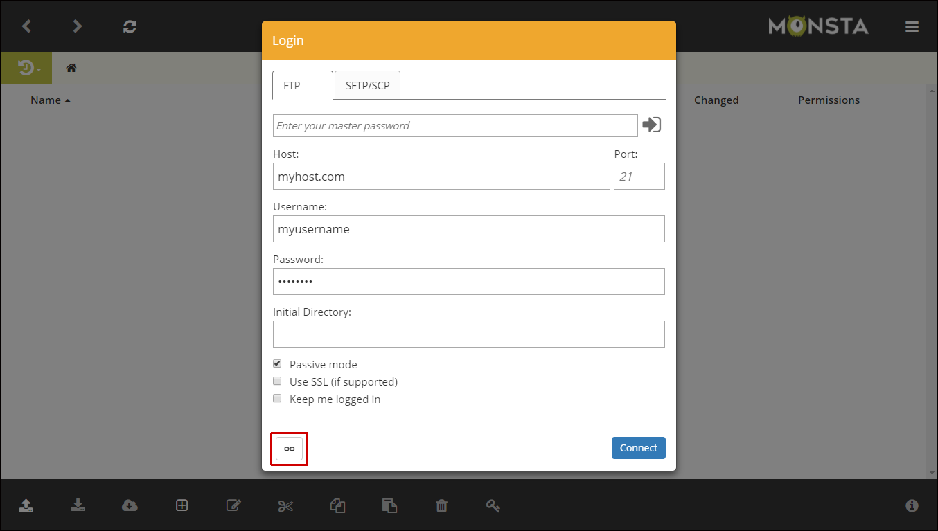 Monsta FTP login link button