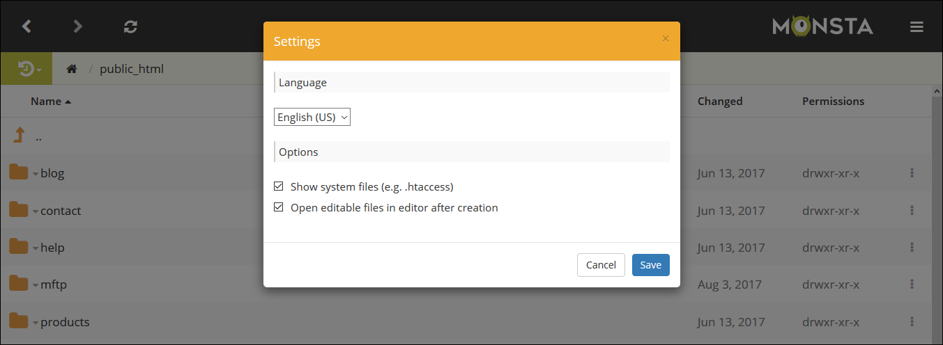 Monsta FTP settings modal