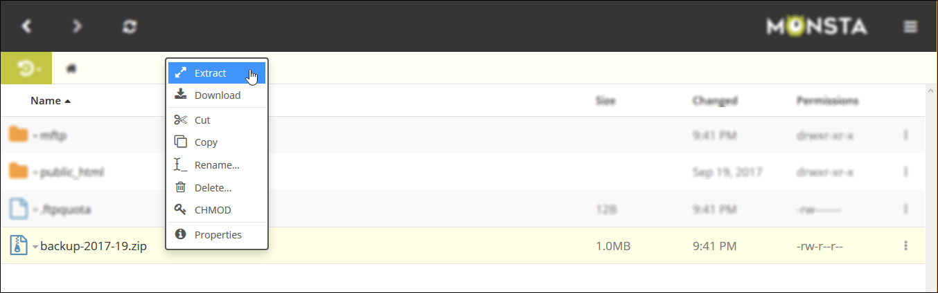 Monsta FTP context menu extract