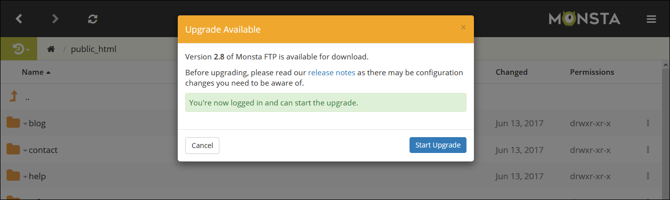 Monsta FTP upgrade logged in
