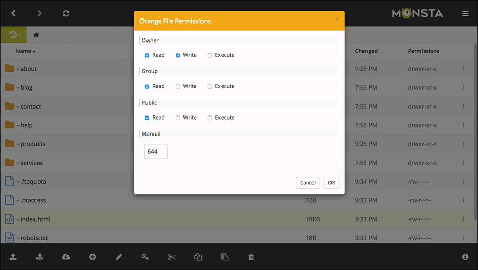 Monsta FTP CHMOD Screenshot