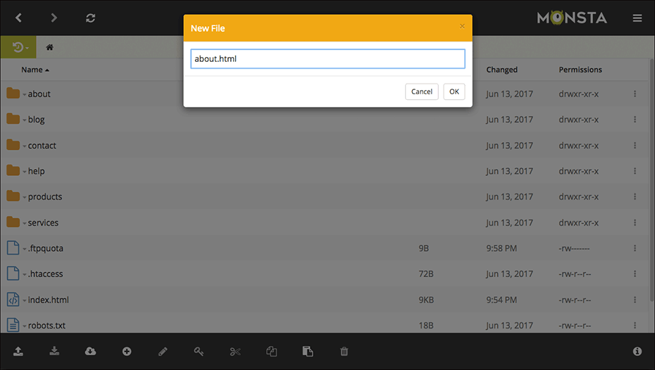 Monsta FTP Create File Screenshot