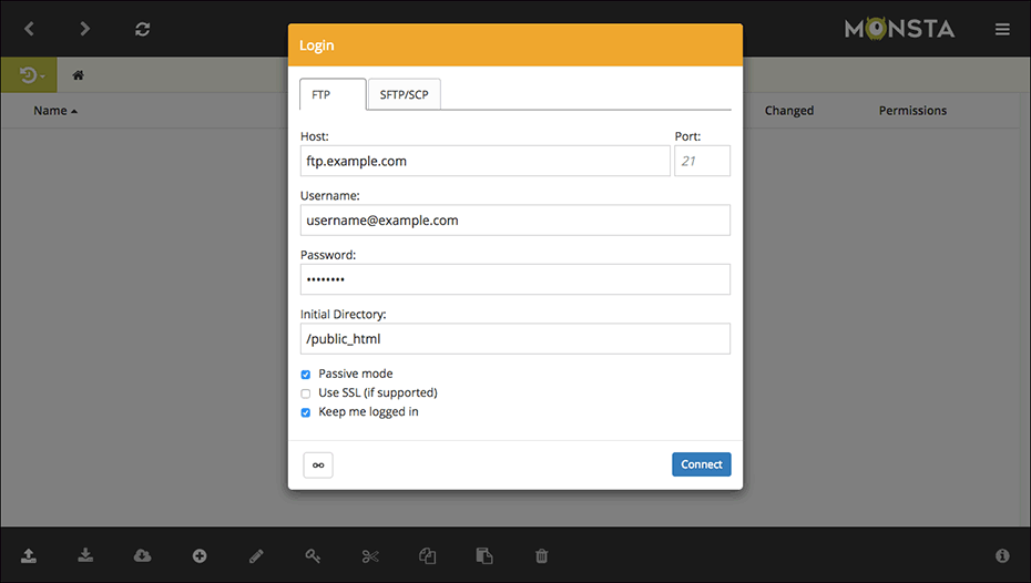 Monsta FTP Login Screenshot